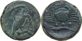Sicily. Akragas. AE Tetras, 420-406 BC. Obv. Eagle on hare right. Rev. Crab; below, three pellets and crayfish. CNS I 53. AE. 8.98 g. 20.50 mm. Tooled...