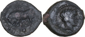 Sicily. Gela. AE Onkia, 420-405 BC. Obv. Bull butting left; in exergue, pellet. Rev. Head of river god right. CNS III 5. AE. 1.30 g. 13.00 mm. VF/Abou...