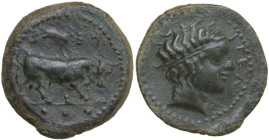 Sicily. Gela. AE Tetras, 420-405 BC. Obv. Bull right, head in three-quarter view. Rev. Head of river god right, wearing tainia. Cf. CNS III 25 (barley...