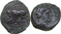 Sicily. Gela. AE Tetras, c. 420-405 BC. Obv. ΓEΛAΣ. Bull advancing left; leaf above, three pellets in exergue. Rev. Horned head of Gelas right; barley...