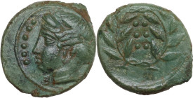 Sicily. Himera. AE Hemilitron, c. 415-409 BC. Obv. IM-E. Head of nymph left; six pellets before. Rev. Six pellets within wreath. CNS I 35; HGC 2 479. ...