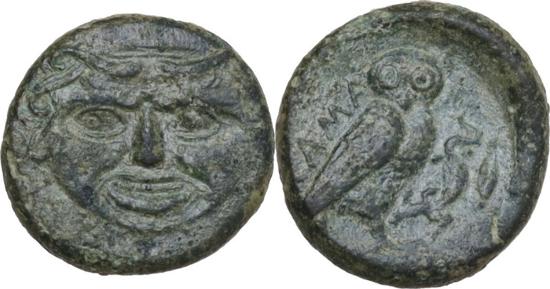 Sicily. Kamarina. AE Onkia, 425-405 BC. Obv. Gorgoneion. Rev. Owl standing right...