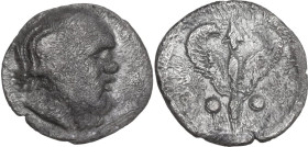 Sicily. Katane. AR Litra, 460-445 BC. Obv. Head of Silenos right. Rev. Winged thunderbolt. SNG ANS 1237. AR. 0.64 g. 11.00 mm. Nice example. Lightly t...