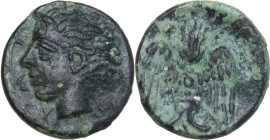 Sicily. Katane. AE Tetras, 405-402 BC. Obv. Head of river god Amenanos left. Rev. Winged thunderbolt. CNS III 1; HGC 2 607. AE. 0.77 g. 9.50 mm. Partl...