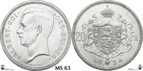 Belgium. Albert I (1909-1934). AR 20 Francs 1934. KM 103.1. AR. 11.06 g. 28.00 mm. Encapsulated by Classical Coin Grading MS 63 Minor hairlines.