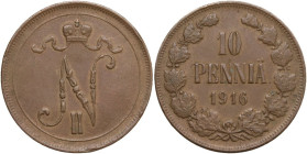 Finland. Nicholas II (1894-1917). AE 10 penniä 1916, Grand Duchy of Finland under Russia. AE. 12.73 g. 30.00 mm. Minor nicks on edge. Good VF.