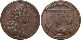 France. Louis XIV (1643-1715). AE Medal, 1690, for the death of the general. Obv. Bust of Claude Berbier du Metz. Rev. Mars reclining left on various ...