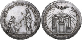 Germany. AR Medal, 1776, Augsburg mint. Obv. St. Peter kneeling right before Christ, standing left, raising hand for blessing and giving the keys to P...