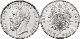 Germany. Friedrich I (1852-1907). AR 5 mark 1875 G, Karlsruhe mint. Jaeg. 27. AR. 27.72 g. 38.00 mm. XF.