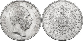 Germany. Albert (1873-1902). AR 5 mark 1901 E, Muldenhutten mint. Jaeg. 125. AR. 27.69 g. 37.50 mm. XF.