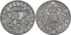 Germany. Free City of Bremen. AR 5 mark 1906 J, Hamburg mint. Jaeg. 60. AR. 27.73 g. 38.00 mm. AU.