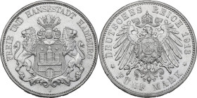 Germany. Free City of Hamburg. AR 5 mark 1913 J, Hamburg mint. Jaeg. 65. AR. 27.68 g. 38.00 mm. MS.