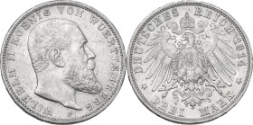 Germany. Wilhelm II (1891-1918). AR 3 Mark F 1914, Stuttgart mint. Obv. Head of Wilhelm right. Rev. Imperial eagle. AR. 16.67 g. 33.00 mm. AU.