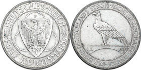 Germany. Weimar Republic (1918-1933). AR 'Rhineland' 5 mark 1930 F, Stuttgart mint. Jaeg. 346. AR. 24.96 g. 36.00 mm. Struck to commemorate the libera...