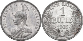 Germany, East Africa. Wilhelm II (1888-1918). AR 1 Rupie, 1905 J, Hamburg mint. KM 10. AR. 11.64 g. 30.00 mm. Frosty surfaces. AU.