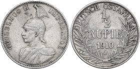 Germany, East Africa. Wilhelm II (1888-1918). AR 1/2 Rupie, 1910 J, Hamburg mint,. KM 9. AR. 5.79 g. 24.00 mm. XF.