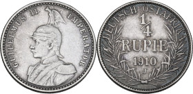 Germany, East Africa. Wilhelm II (1888-1918). AR 1/4 Rupie, 1910 J, Hamburg mint. KM 8. AR. 2.88 g. 19.00 mm. XF.