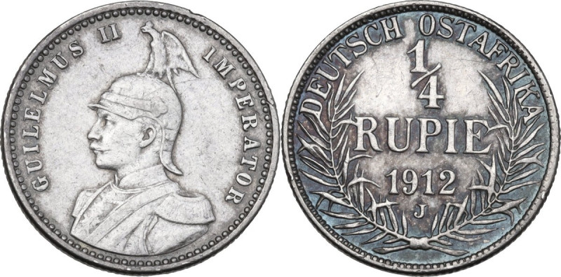 Germany, East Africa. Wilhelm II (1888-1918). AR 1/4 Rupie, 1912 J, Hamburg mint...