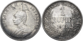 Germany, East Africa. Wilhelm II (1888-1918). AR 1 Rupie, 1913 J, Hamburg mint. KM 10. AR. 11.67 g. 30.00 mm. Cabinet tone. XF/AU.