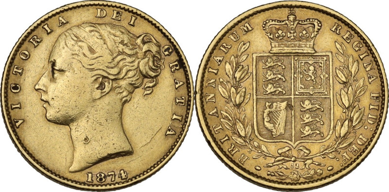 Great Britain. Victoria (1837-1901). AV Sovereign, 1874. Die number below wreath...