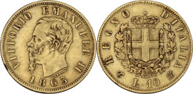 Italy. Vittorio Emanuele II (1820-1878). AV 10 Lire, 1863. KM 9; MIR (Savoia) 1079. AV. 3.20 g. 18.20 mm. VF.