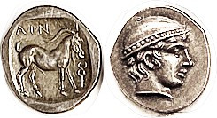 AINOS, Diobol, Hermes hd r/goat stg, COPY, struck in silver, EF+ nicely toned, b...