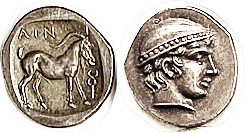 AINOS, Diobol, Hermes hd r/goat stg, COPY, struck in silver, EF+ nicely toned, beautiful workmanship (by Slavei?), much nicer than originals!