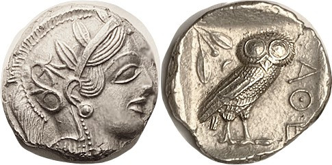 ATHENS, Tet, 449-413 BC, Athena head r/owl stg r, S2526; EF, a hair off-ctr with...