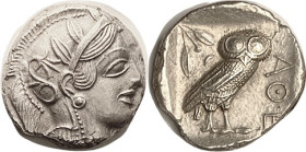 ATHENS, Tet, 449-413 BC, Athena head r/owl stg r, S2526; EF, a hair off-ctr with nose at edge of flan but all there; on the other hand most of the hel...