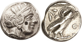 ATHENS, Tet, 449-413 BC, Athena head r/owl stg r, S2526; VF, well centered, good metal; punchmk on cheek, sm test cut under earring; rev has 2 test cu...
