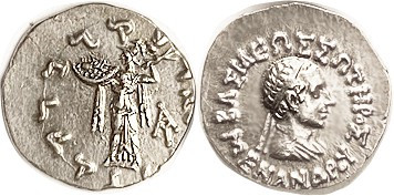 BAKTRIA, Menander, 160-145 BC, Drachm, Diademed head r/Athena stg l, AY monogram...