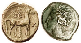 CARTHAGE, Æ17, 3rd cent BC, Tanit head l./Horse stg r, palm tree behind, 3 pellets in front; Nice VF+, nrly centered & complete, greenish-brown patina...