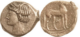 CARTHAGE, Æ24 (Shekel), Sardinian mint, c.264-241 BC, Tanit head l/horse stg r, Punic letter "Sin" below; Ex Roma as AEF, I grade VF-EF/AVF, obv cente...