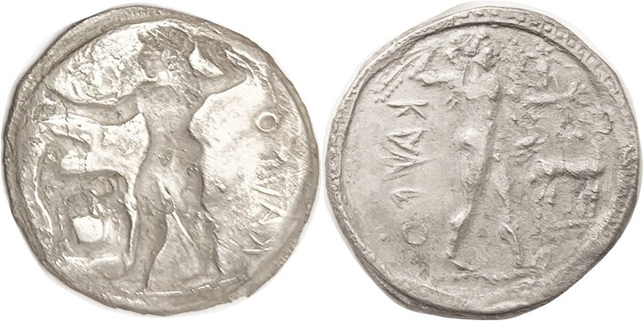 KAULONIA, Stater, c.500 BC, Apollo adv r, stag, small "daimon" running figure ab...