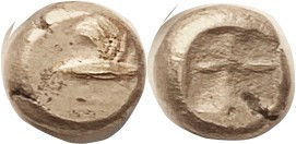 KYZIKOS, ELECTRUM Hekte, c.600-550 BC, tunny fish with wing/4-part incuse, 2.63 grams; VF, obv sl off-ctr but virtually complete, a little crude, pale...