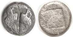 LESBOS, 1/12 Stater or Diobol, .99 gram, 9 mm, c.500-450 BC, 2 boar heads face-t...