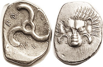 LYCIAN Kingdom, Perikles, 390-375 BC, Tetrobol, Facg lion scalp/Triskeles, lgnd ...