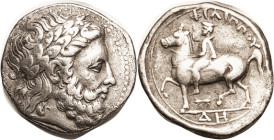 MACEDON, Philip II, 359-336 BC, Tetradrachm, Zeus Head r/Horseman left (thus rare lifetime issue), winged thunderbolt & Delta-H below; SNG ANS 456; VF...