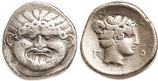 NEAPOLIS (Macedon), Hemidrachm, 424-350 BC, Facing Gorgon head/Nymph head r, lgn...