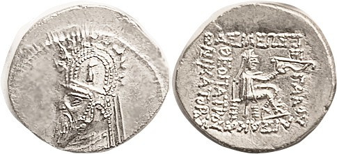 PARTHIA, Gotarzes I, Drachm, Sellw.33.3, Bust in high tiara with stags/Archer st...