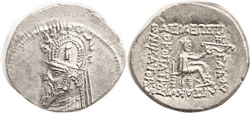 PARTHIA, Gotarzes I, Drachm, Sellw.33.3, Bust in high tiara with stags/Archer std; Mint State, obv typically centered low, rev centered, bright lustro...