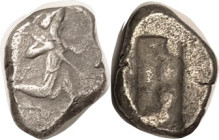 PERSIA, Siglos, c. 450-330 BC, King kneeling rt w/spear & bow; S4682; AVF, nrly centered on irregularly shaped flan, faintly grainy, much detail on fi...