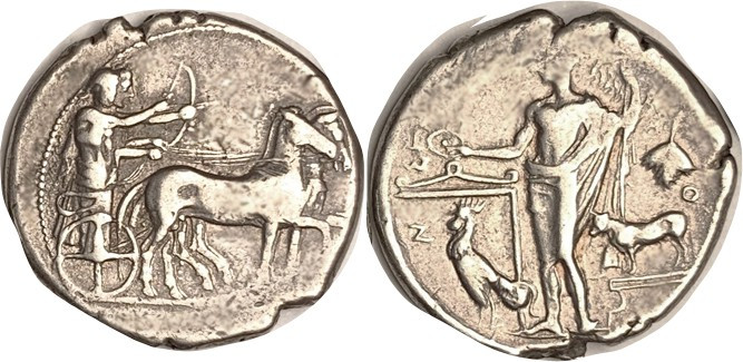 SELINOS, Tet, 440-415 BC, Apollo & Artemis in slow quadriga r/Selinos stg left a...