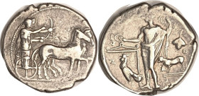 SELINOS, Tet, 440-415 BC, Apollo & Artemis in slow quadriga r/Selinos stg left at altar, betw cock & bull (no, this not a cock & bull story), S907; VF...