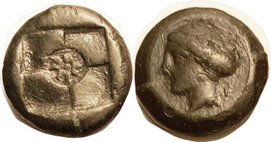 SYRACUSE, Æ16 (Hemilitron), 415-405 BC, Nymph head l., E behind, signature of Eu...