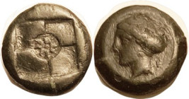 SYRACUSE, Æ16 (Hemilitron), 415-405 BC, Nymph head l., E behind, signature of Euainetos, rare thus/4-part square, star at center; Choice VF, well cent...