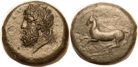 SYRACUSE, Timoleon, 344-336 BC, Æ27 (Litra), Zeus Eleutherios hd l./ horse prancing l, S1191; VF-EF/VF, nrly centered, well struck, glossy dark green ...