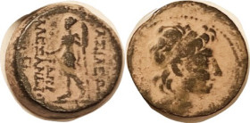 SYRIA, Alexander II, 128-123 BC, Æ19, head r/Dionysos stg l, S-7125; Nice F+, nrly centered, smooth dark patina with strong orange hilighting. (A VF r...