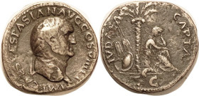 Vespasian, As, IVDAEA CAPTA, Palm tree, Jewess std r, shields at left, Hen-6593 (1561) RIC 1233; F+/VF, centered, full lgnds with minor crudeness, 2-t...