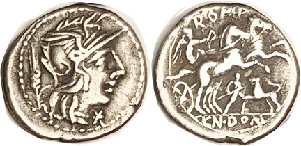 Cn. Domitius, Den, 128 BC, Cr.261/1, Sy.514, Roma head r/Victory in biga r, sold...